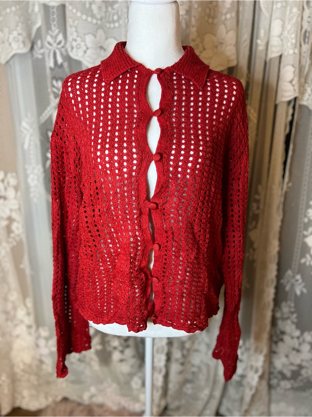 rag & bone Red Openwork Button-Front Cardigan Oversized - Picture 2 of 11